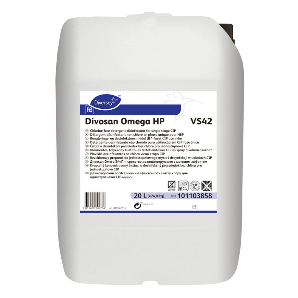 Divosan Omega HP VS42 W4370+ alacsony habképződésű, klórozásmentes tisztítószer-fertőtlenítőszer, 20 liter