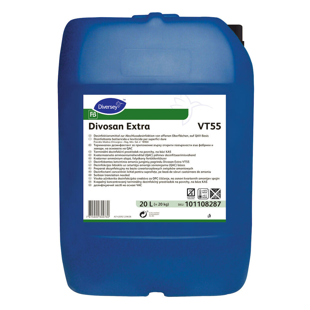 Divosan Extra VT55 erős hatékonyságú QAC-alapú fertőtlenítőszer, 20 liter