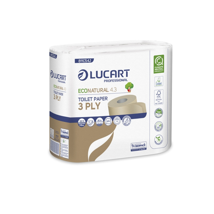 Lucart EcoNatural 4.3 toalettpapír, papírcsomagolású, 4 tekercs/csomag, 14 csomag/zsák