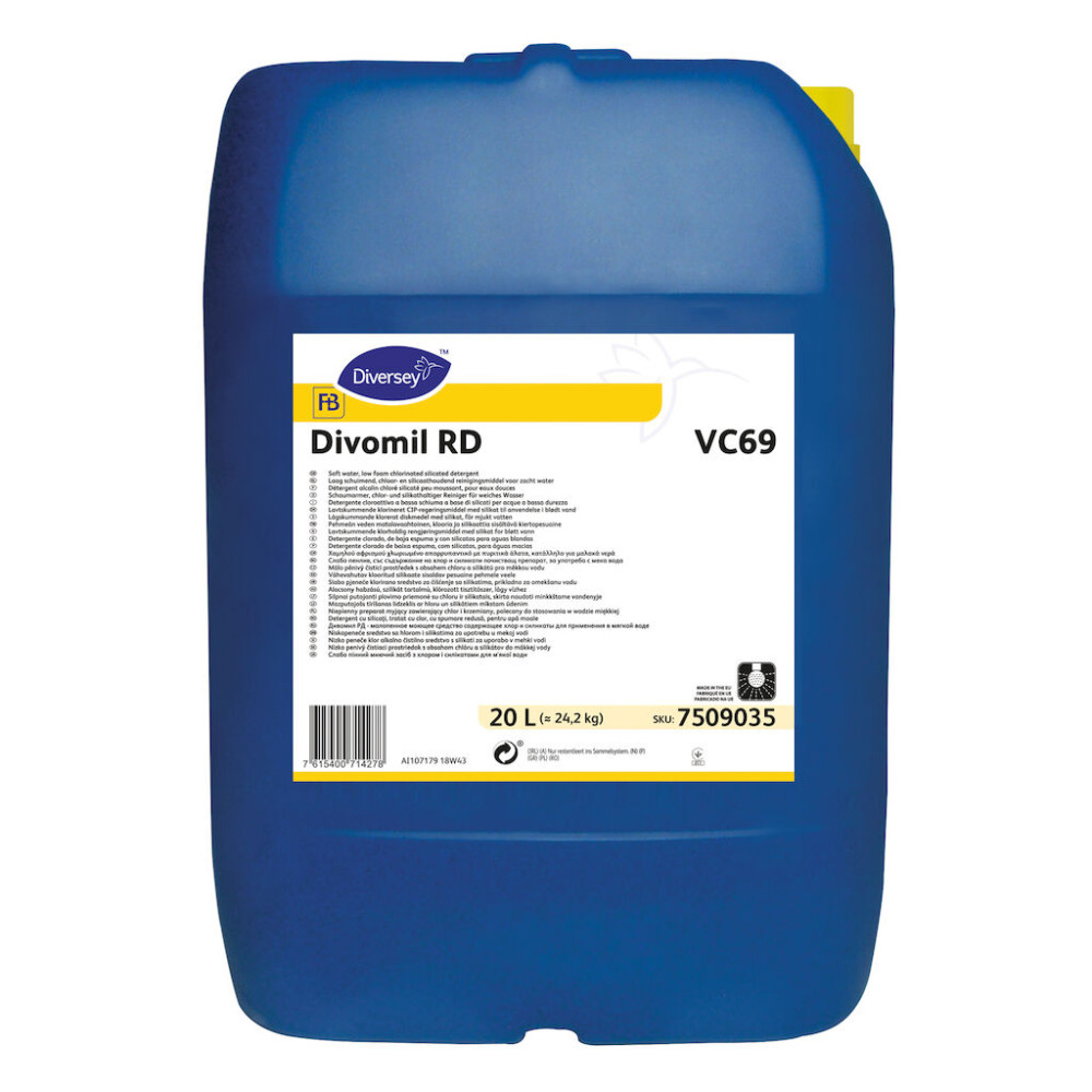 Divomil RD VC69 alacsony habzású, szilikát tartalmú, klórozott tisztítószer, lágy vízhez, 20 liter
