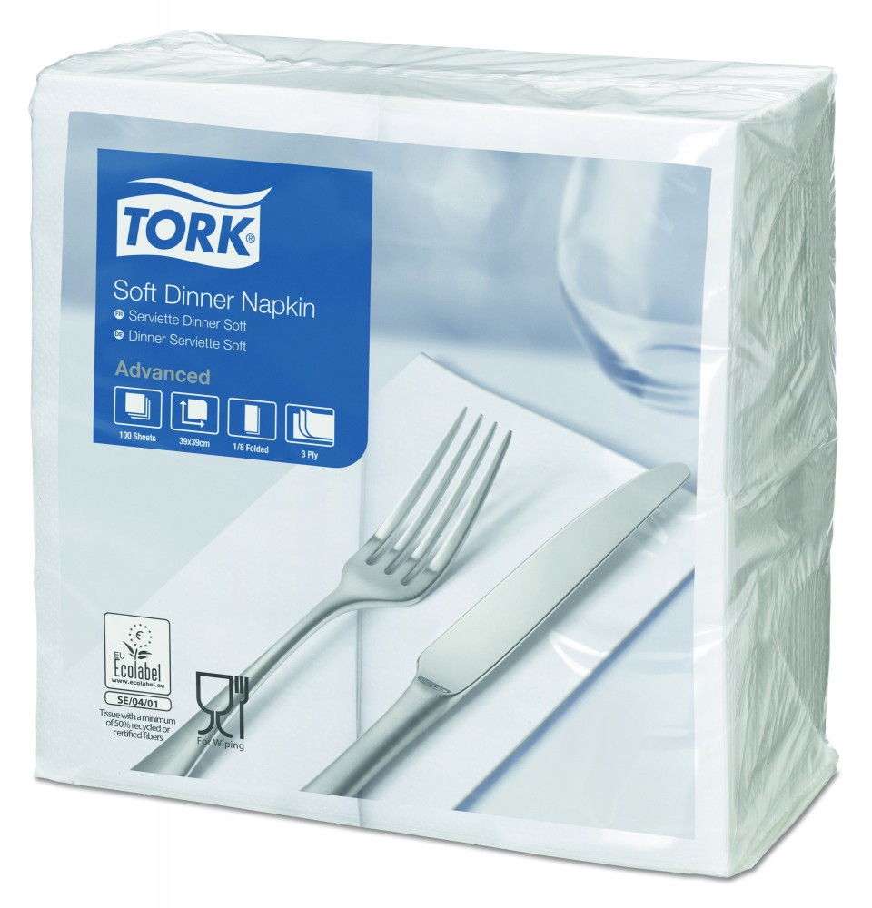Tork Soft fehér Dinner szalvéta, 1/8 hajtogatás, 100 db/csomag, 12 csomag/karton