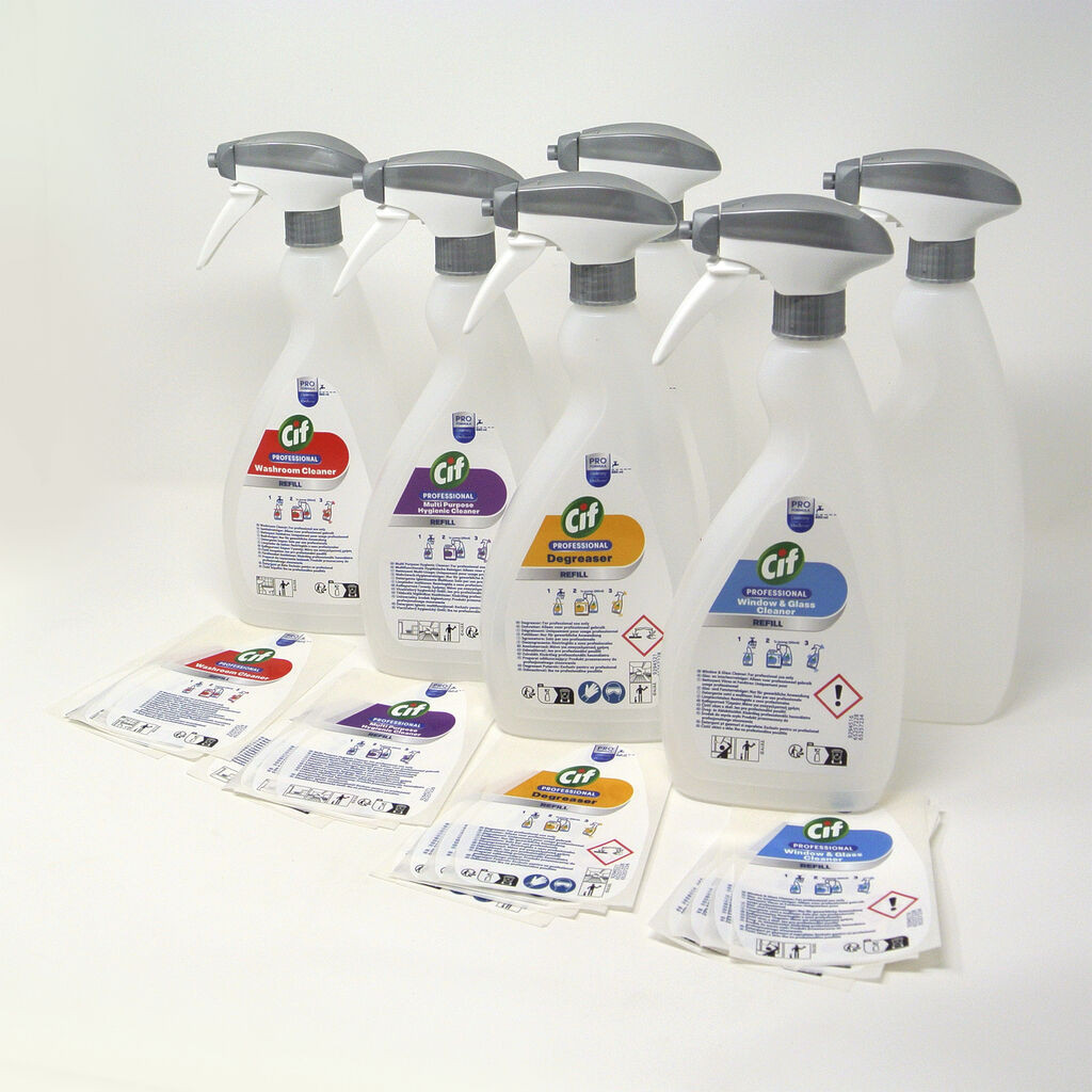 Cif Professional adagolóflakon készlet, 6 db szórófejes flakon és 5*6 db címke