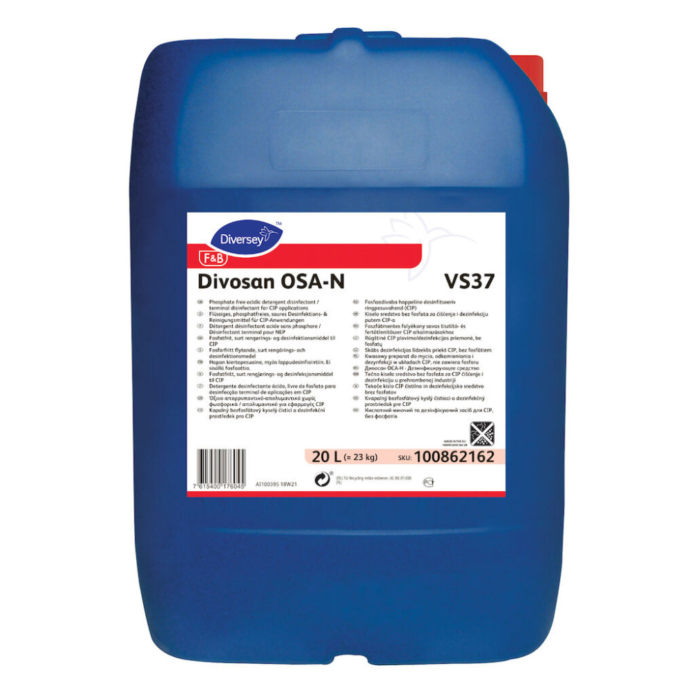 Divosan OSA-N VS37 foszfátmentes folyékony savas tisztító- és fertőtlenítőszer CIP alkalmazásokhoz, 20 liter