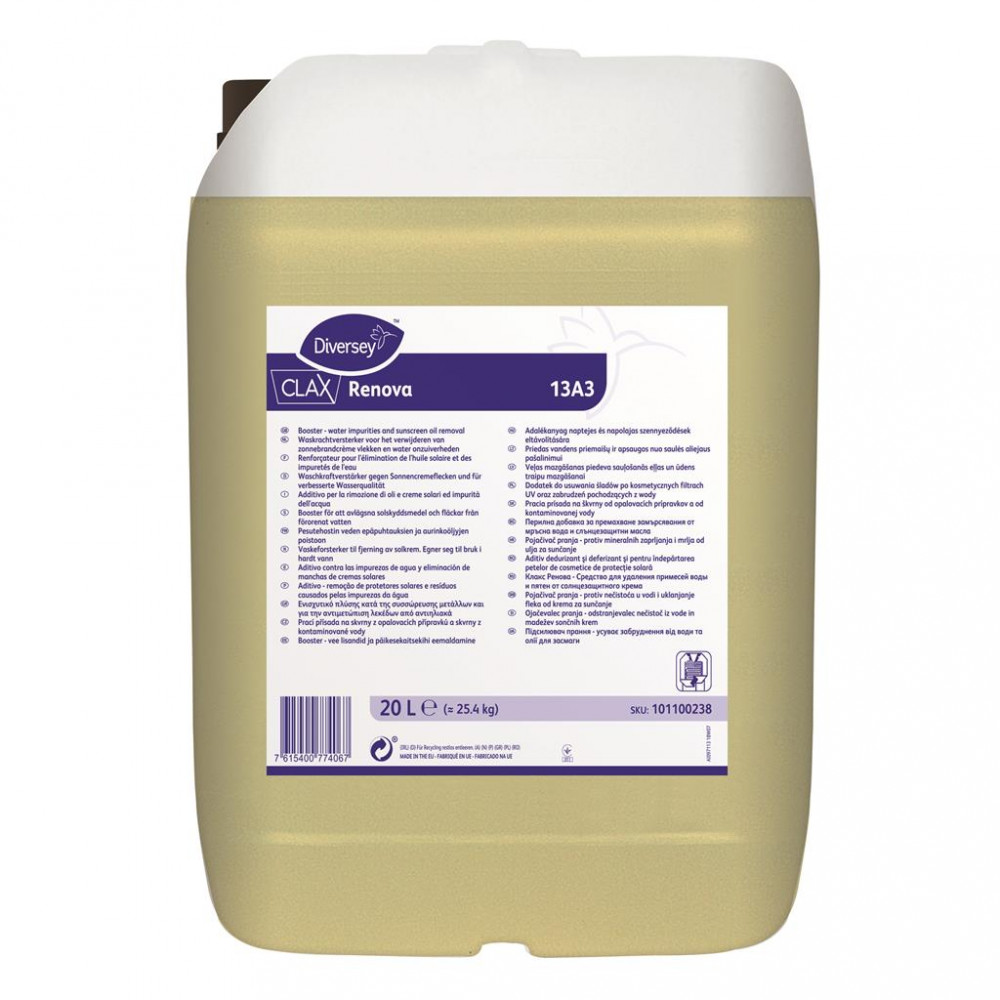 Clax Renova 13A3 hatásfokozó szer a víz szennyeződéseinek közömbösítésére és a naptejfoltok eltávolítására, 20 liter