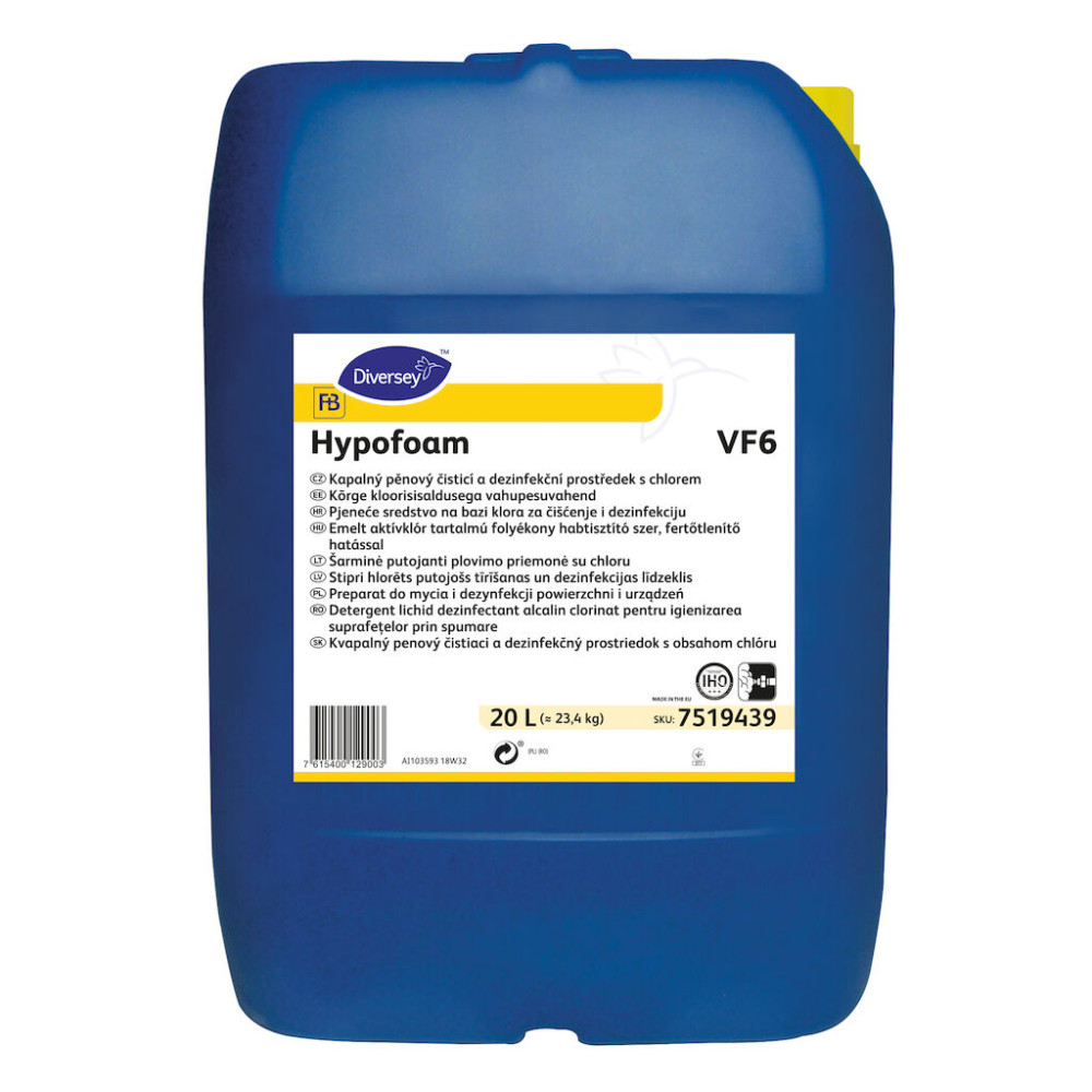 Hypofoam VF6 emelt aktívklór tartalmú folyékony habtisztító szer, fertőtlenítő hatással, 20 liter